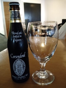 Corsendonk Pater Dubbel Ale with goblet. Copyright 2015 by Andrew Dunn.